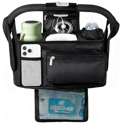 Xygobla Baby Pram Bag Stroller with 2 Insulated Cup Holders & Detachable Phone Pouch | Large Capacity Pram Caddy, Adjustable Strap & Non-Slip Hook Universal Stroller Bag for Nappy & Essentials