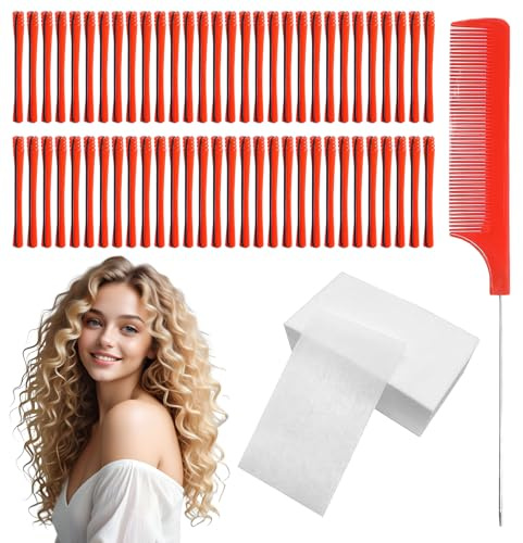 160PCS Perm Kit with 60 Perming Rods,Rat Tail Comb Red,100 Perm Papers,Suitable for Hairdressing Styling Supplies for Long and Short Hair or DIY,Red