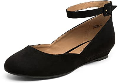 DREAM PAIRS Women's Ballet Flats Pumps Ballerina Ankle Strap Elastic Low Wedge Sandals Round Toe Comfy Dolly Shoes,Size 9,Black/Suede,REVONA