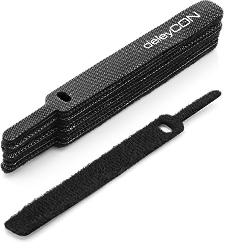 deleyCON 10x Klett Kabelbinder 11,5cm Klettband 12mm Breit Kabelmanagement Kabelorganizer Klettkabelbinder Klettverschluss Schwarz