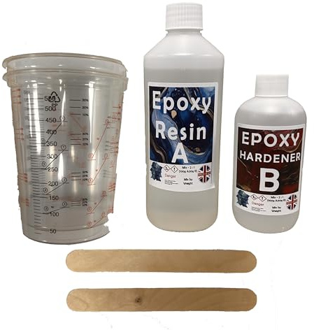Low Viscosity Ultra-Clear Epoxy Resin UV Resistant - 150g,375g,750,1.5kg & 3Kg kits Available - Supplied with gloves stirrers mixing cups. (Medium - 750g)