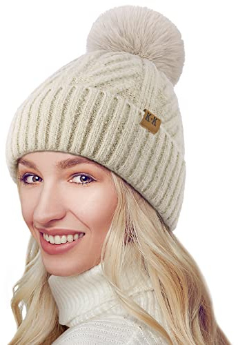 BLURBE Bobble Hat Women - Fleece Lined Beanie Thermal Knitted Wooly Winter Ladies Cable Hats with Faux Fur Pom Pom