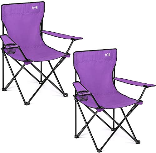 Trail Folding Camping Chairs with Cup Holders, Steel Frames, Purple, 2 Pack | Fast-Drying Polyester, Cup Holder Armrests, Carry Bags Included, 100kg Capacity