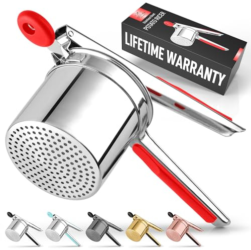 Zulay Kitchen Premium Large 15oz Potato Ricer, Heavy Duty Professional Stainless Steel Potato Masher and Ricer Kitchen Tool, Press and Mash Kitchen Gadget - Red and Silver Fixed Disc