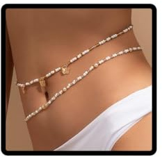 Carufin Boho Papillon Pendentif Taille Chaîne Ventre Perlé Corps Chaînes Élastique Couches Taille Bijoux Corps Accessoire pour Femmes et Filles