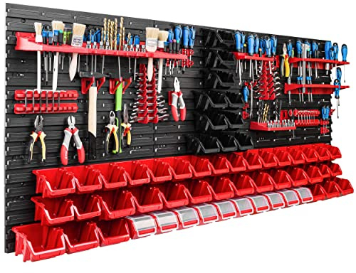 Lagersystem verkstadshylla | 172 x 78 cm | 56 st. låda | vägghylla med verktygshållare och stapelbara lådor – väggpaneler, extra stark bulkhylla, lagerhylla