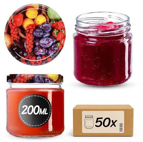Kadax små glasburkar 200 ml, syltburkar, fi66 mm, miniglas för honung och kryddor, lufttäta burkar, konserveringsglas, konserveringsburkar, runda glas (50 stycken, frukter)