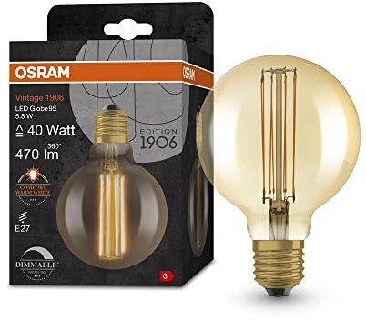 OSRAM Vintage 1906 guldtonad LED-lampa, 5,8W, 470lm, globform med 95 mm diameter & E27 bas, varmvitt ljus, rak glödtråd, dimbar, livslängd på upp till 15 000 timmar