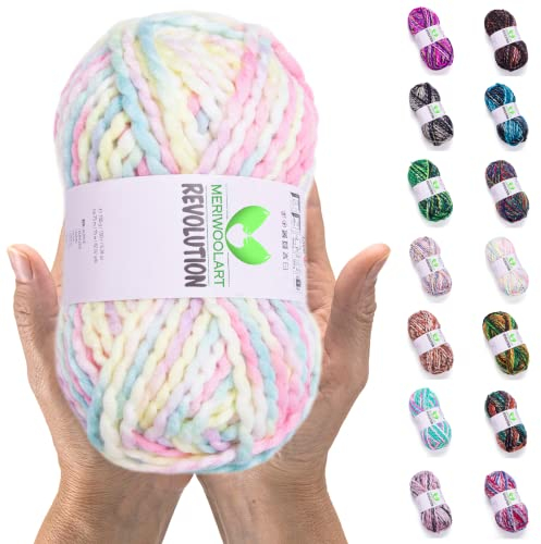 MeriWoolArt Merino Wolle zum Stricken – 75 m Mehrfarbige Dicke Weiche Merinowolle zum Stricken für Pullover Jacken – XXL Handstrickwolle – Voluminöse DIY Wolle für Schals Decken Tücher Geschenke