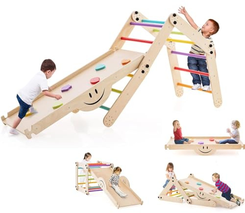 Costzon Climbing Toys for Toddlers, 10 in 1 Foldable Montessori Indoor Wooden Climber Ladder with Reversible Ramp, Multi-Combination Methods, Kids Triangle Climber Play Gym Set for Boys Girls Present