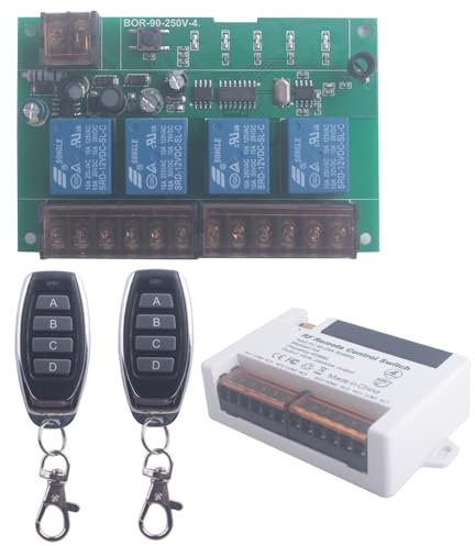 Interrupteur de télécommande de relais sans fil 110V 220V 4 canaux, RF 433Mhz AC 90V-250V 4CH Ouvre-porte de garage Récepteur de commutateur sans fil 2 émetteurs (4CH-2* Contrôleur 433Mhz)