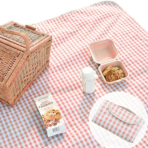 Cute Gingham Picnic Blanket, Waterproof Foldable, in Large 80x60in and Extra Large 80x80in, Portable Compact Beach Blanket, Oversized XL Outdoor Mat (Coral Pink, Large)