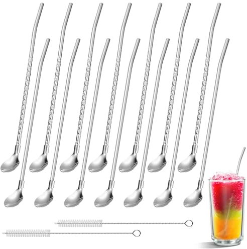 14 Stück Strohhalm Mit Löffel Edelstahl, Metall Strohhalme Edelstahl, Strohhalme Wiederverwendbar, Eislöffel Lange, Eiskaffee Löffel mit 2 Strohhalm Reinigungsbürste für Shakes, Cocktails, Smoothies