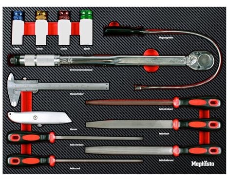 Mephisto Set di lime per carrello da officina, calibro a calibro, pinza magnetica, coltello da tappeto (taglierino), lama inclusa, dado gommato, chiave dinamometrica, 13 pezzi, metrica, Soft Inlay