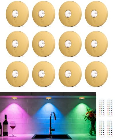 WUYOR USB uppladdningsbar RGB LED-spots batteri med fjärrkontroll, färgväxling LED inbyggd lampa, magnetisk dimbar batteri skåpbelysning, trådlös vitrinbelysning med timing-funktion guld 12 st