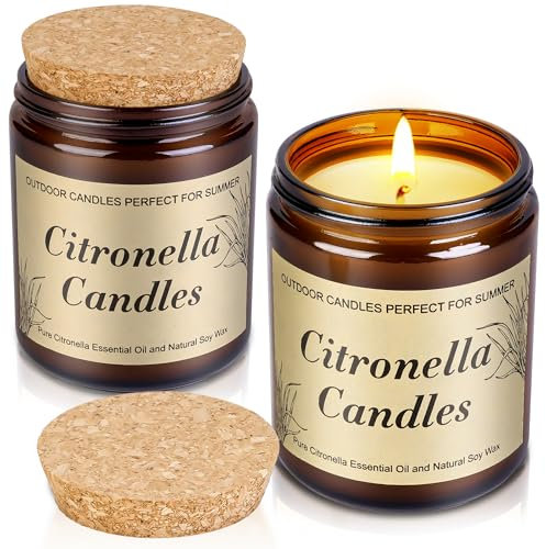 Grande bougie d'extérieur à la citronnelle, 2 pièce, 100% cire de soja naturelle, autonomie de 250 heures, avec capuchon en bois, pour balcon, pique-nique, décoration de table de patio, cadeaux d'été