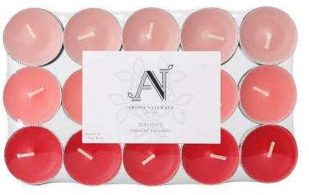 Aroma Naturals London Scented Tealight Candles Bag | 4 Hour Burn Time | Standard Size D3.77 x H1.45cm | Three Tone Coloured Wax & Aluminium Cups | Pack of 30 Tea Lights Scent (Strawberry & Raspberry)