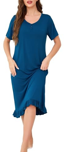 Vlazom Women's Long Nightgown V Neck Sleep Shirt Nightdress Jersey Nightshirt for Loungwear Sleepwear with Pockets, Blue Green, XL