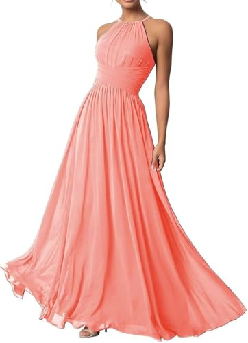 Abito da damigella d'onore lungo da donna con scollo all'americana pieghettato una linea in chiffon abito da sera formale, Corallo, 44