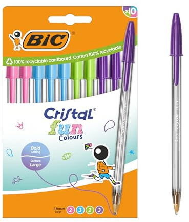 BIC Cristal Fun Colours Stylos-bille Pointe Large (1,6 mm) avec encres fantaisie - Couleurs assorties, pack de 10