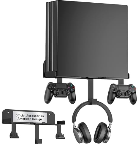 Wall Mount for PS4 Pro with Detachable 2 Controller Holder & Headphone Hanger Metal Wall Mount Stand Kit Mount on The Wall Or on The Back Of The TV, Compatible with PS4 Pro