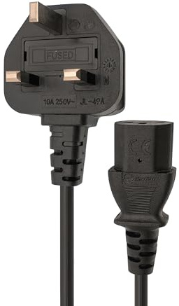 Double Dragon UK 3-Pin Plug to IEC C13 Power Cable – 1 Metre | 10A Fused BS1363 Plug | VDE Certified H05VV-F 3G 1.0mm² Copper Core | CE & BS Approved Black PVC Kettle Lead for PC, Monitor, Printer
