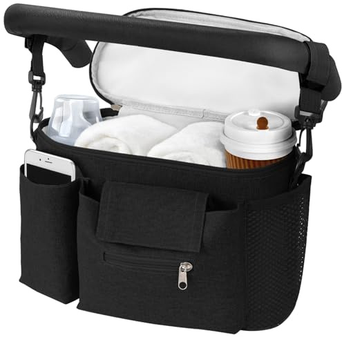 HOTUT Baby Sac de Rangement pour Poussette, Sac Landau Universel et Imperméable Multifonctions, 2 Poches en Filet et Bretelles Réglables pour Ranger Les Couches, Les Lingettes, Les Biberons