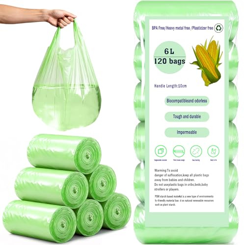 XHDA 6L Compostable Food Waste Bags Tie Handle, 120 Pcs Biodegradable Small Bin Liners, Green Clear Recycling Rubbish Garbage Bags for Kitchen Office