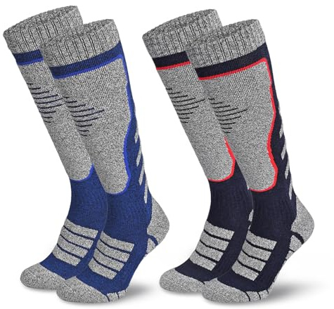 SGQTZDZQ 2 Pairs Mens Ski Socks, Winter Thick Thermal Knee-High Ski Socks Mens 6-9, Long Welly Sock for Skiing Hiking Fishing Walking Cycling (Rainbow Blue+Dark Blue)