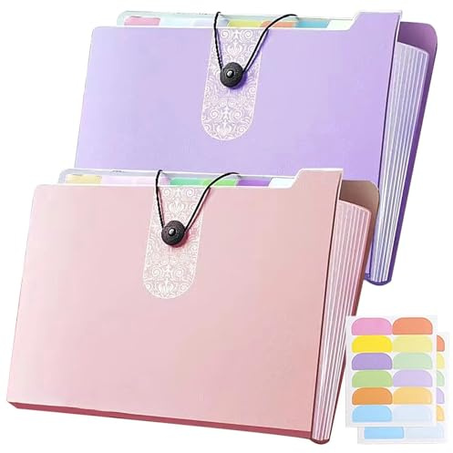 2 Pcs Expanding File Folder, 8 Pockets Floral Printed Accordion Document Organizer, A4 Accordion File Folder, with Index Tabs, for Paperwork A4, Office, School, Travel Use(Pink, Purple)