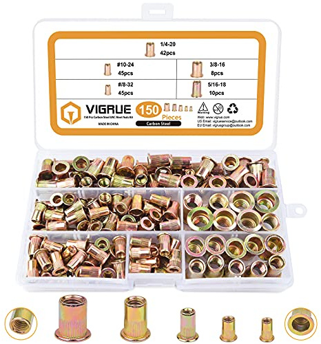 VIGRUE 150pcs #8-32#10-24 1/4-20 5/16-18 3/8-16 Carbon Steel UNC Rivet Nuts Assortment Kit, Yellow Zinc Plated Finish, Flat Head Threaded Insert Nut Assort