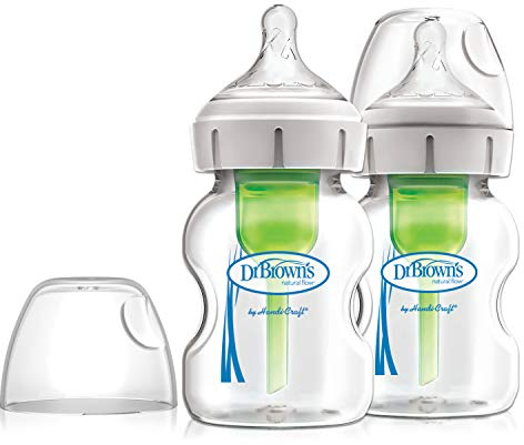 Dr. Brown’s Natural Flow Anti-Colic Options+ Wide-Neck Glass Baby Bottle, 5oz/150ml, with Level 1 Slow Flow Teat, 2-Pack