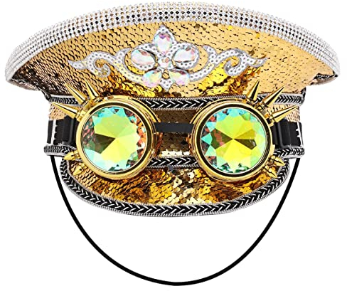 Unisex Pailletten Militär Kapitän Hüte mit Brille Steampunk Zylinder Hut Festival Halloween Cosplay Kostüm Caps (Gold-2)