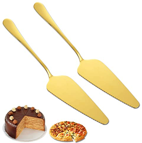 Cake Knife, Serrated Edge Cake Slicer, Server Cake Cutte, Pie Server Serrated Edge, for Kitchens, Restaurants, Parties, 2 pcs, Gold