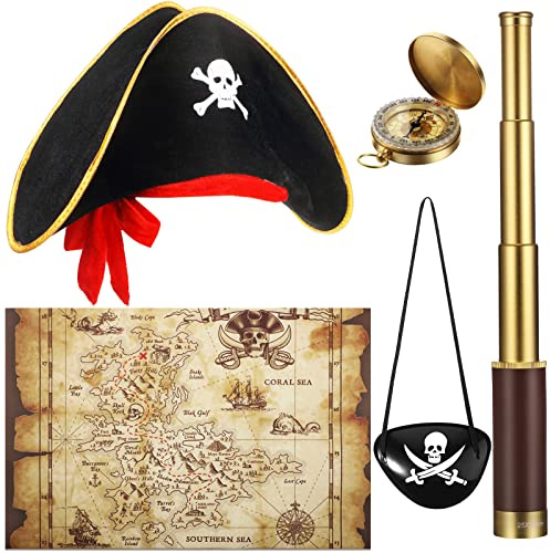 Pirate Monocular Telescope Treasure Map Pocket Compass Pirate Hat Skull Print Captain Costume, 5 Pcs Party Favors Costume Spyglass Kid Compass for Cosplay(Small)