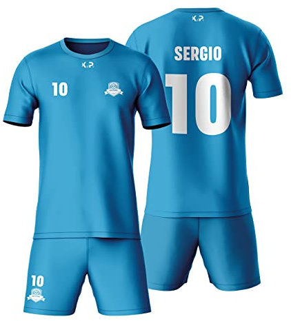 KALLPA Sport Equipación Deportiva de fútbol Personalizada. Niños y Adultos. 100% sublimación. Camiseta y calzona. Personaliza con Nombre, Escudo, número y Sponsor. Varios Modelos. (Celeste, Completo)