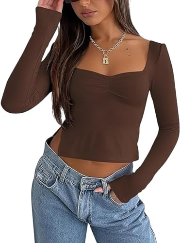 Rongseng Långärmad damtröja sexig crop toppar magfria toppar sweetheart neck långärmad t-shirt smal passform slits plissé tröja Y2K toppar enfärgad skuren topp elegant fashionabla streetwear