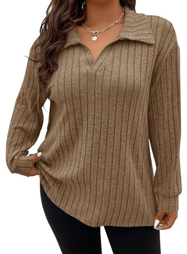 Gemulate Plus Size Long Sleeve Tops for Women Ladies Lightweight Striped Oversized Clothes Sweater Polo v Neck Tshirts Sweatshirts Coffee 5XL