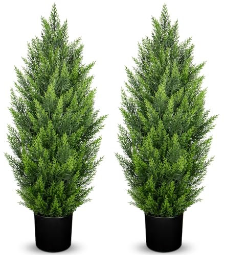 Hollyone 2PCS Artificial Cypress Trees, 3FT Fake Topiary Trees with Detachable Trunks, Decorative Faux Topiaries for Indoor&Outdoor Home Decor Garden Balcony Patio Entryway (90CM)