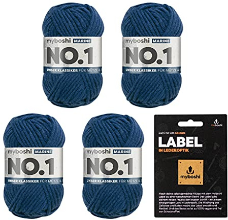 myboshi No.1 Wolle zum Häkeln und Stricken, Schnellstrickgarn, inkl. Label, Strickwolle, Häkelwolle, mulesing-frei, Ll. 55m /50g, 30% Wolle (Merinowolle) Blau (Marine), 4 Knäuel