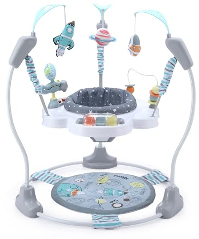 LADIDA Stationary Jumper Jumperoo Baby Activity Centre with Interactive Toys- 360° Rotating Seat, Musical Toys, and Adjustable Heights (Space Tour Grey)