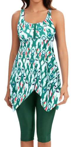 ECUPPER Women Plus Size Tankini Swimsuits Two Piece Swim Dress Modest Skirt Bathing Suit Adjustable Straps Swim Top with Shorts Green XXL