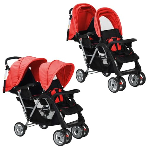 Gecheer Plegable Silla gemelar para Gemelos y Hermanos Carrito Gemelar Silla de Paseo Cochecito de Bebé Capacidad de Peso 15kg Cada Acero y Tela Oxford Rojo y Negro 118x41x108cm,Type 1