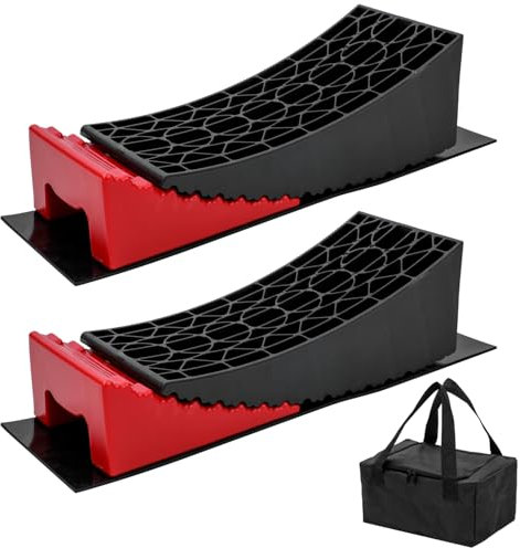 KATSU Tools 2 Pack Camper Levelers RV Caravan Levelling Ramps Blocks 13.5 Ton Capacity Heavy Duty for Motorhome Van Trailer, Includes 2 Rubber Mats, 2 Curved Levelers, 2 Wheel Chocks and Carry Bag