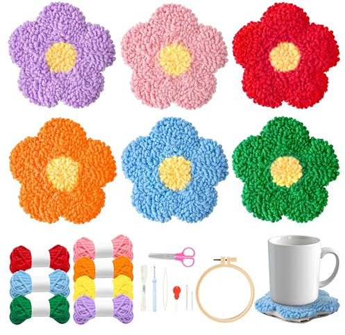WATINC Flower Punch Needle Coaster Kit - 22Pcs Crafts Punch Needle Coasters Kits for Beginners, Flower Patterns Tufted Rug Pads with Adhesive Felt Yarns Embroidery Hoop Instruction
