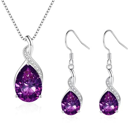Loutade Women's Jewellery Sets, 925 Sterling Silver Necklace & Drop Earrings Sets with Purple Teardrop Cubic Zircon, Dainty Bridesmaid Silver Jewellery Gift for Birthday/Wedding/Mother's Day