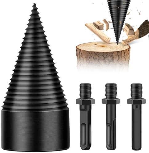 FTJKGH Taladro Divisor de Leña, 50mm Divisor de Troncos Broca de División de Madera con 4 Mangos, Cortador de Leña Taladro cono Divisor de Madera Partir Troncos de Madera con 3 Mangos de Perforación