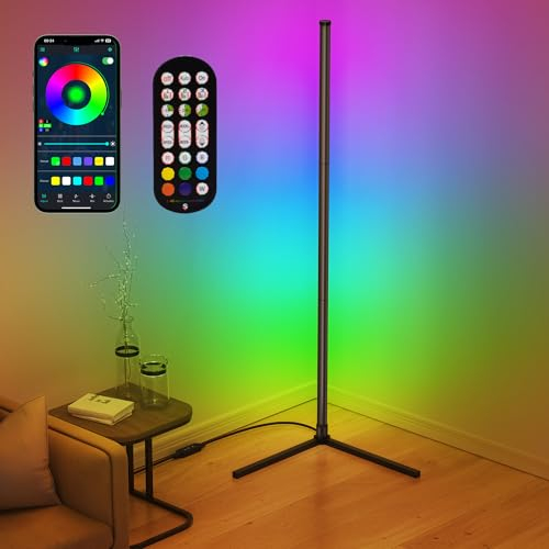 riyo LED Stehlampe, Stehlampe für Wohnzimmer mit APP-Steuerung und Fernbedienung, RGB-Ecklampe mit 16 Millionen Farben und 68+ Szenen. Farbwechsel-Umgebungslicht mit Musiksynchronisation