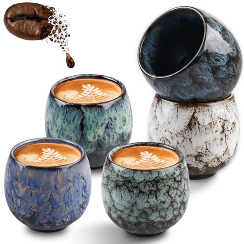 Asfrode Espressotassen Set 100ml, 5 x Keramik Teetassen Ohne Henkel Espresso Tassen aus Steingut Dickwandig Espressobecher Set Becher Teetassen für Espresso Mokka Macchiato Tee