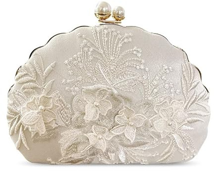 YYW Clutch Purse Women Floral Embroidery Evening Bag Elegant Shell Pearl Crossbody Handbags for Wedding Cocktail Party Prom (Off white)